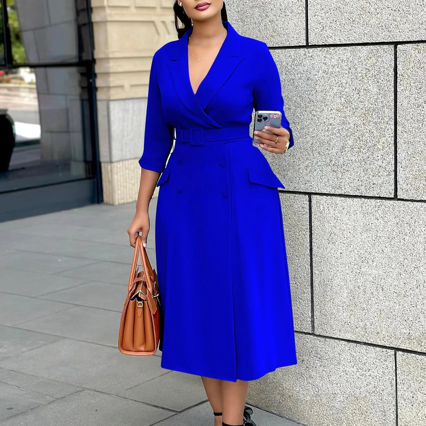CM.YAYA Women Notched Neck Elegant Full Sleeve Midi Dress 2024 Fall  OL Work Belt Streetwear Africa Party Club Dresses Vestidos
