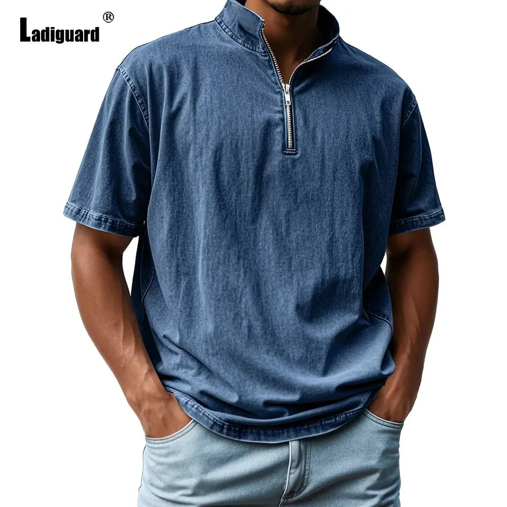 Men Short Sleeve Zipper Fly T Shirt Basic Vest Top