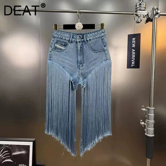 DEAT 2025 Summer Fashion Niche Tassel Patchwork Heavy Industry Denim Shorts For Women High Waist Versatile Short Pants 11A04880