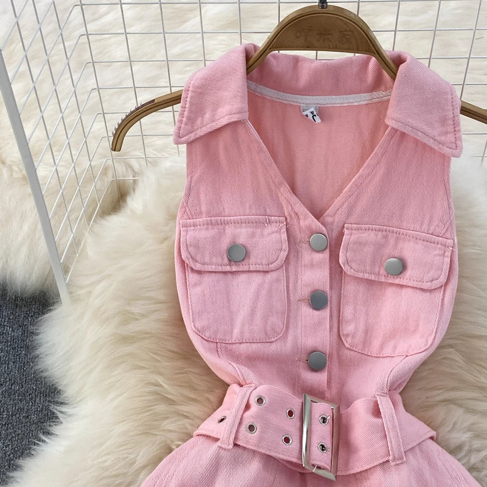 Youth Women Denim Dress Design V-Neck Slim Waist Short Peng Peng Pleated Jeans Dress With Belt Outfits For Girls