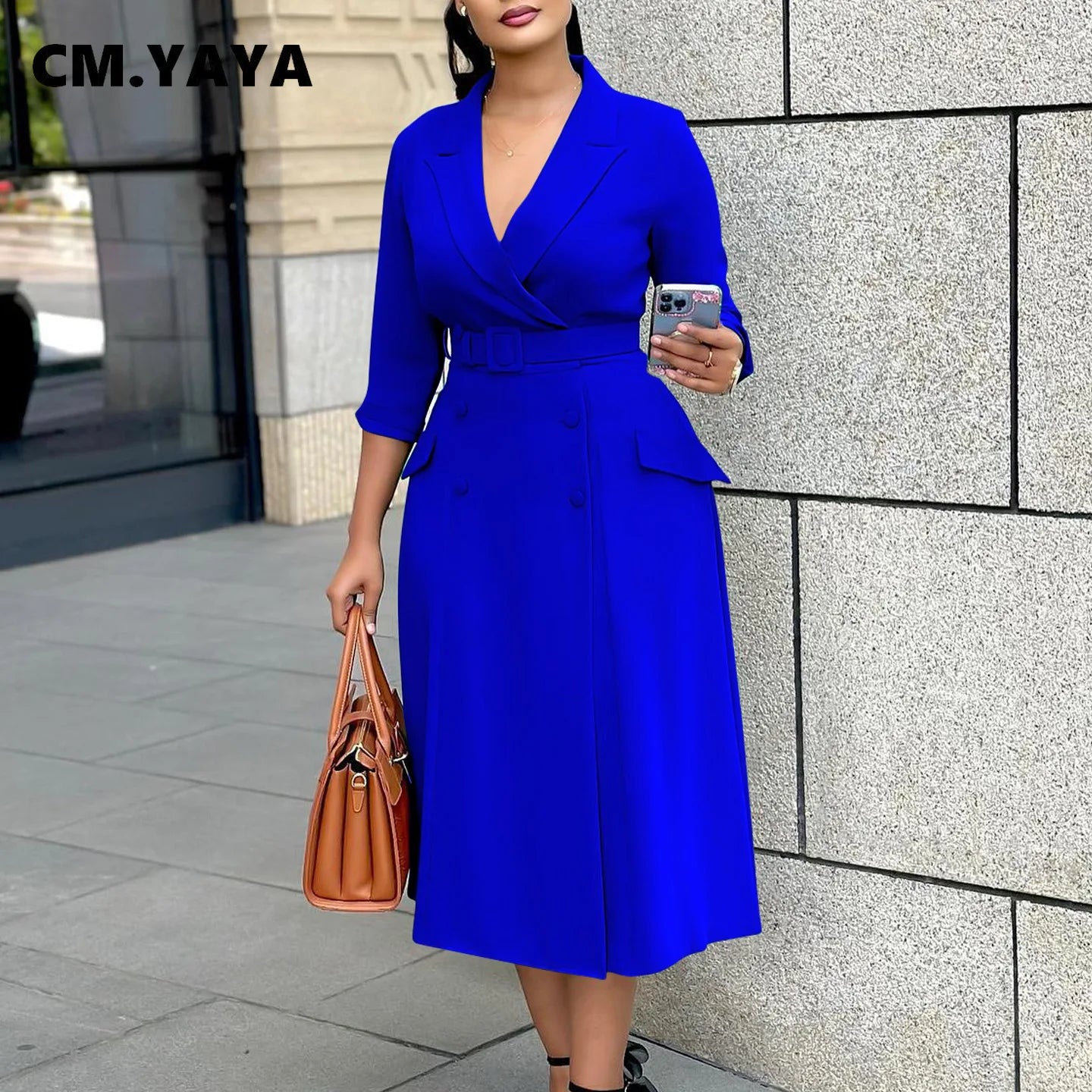 CM.YAYA Women Notched Neck Elegant Full Sleeve Midi Dress 2024 Fall  OL Work Belt Streetwear Africa Party Club Dresses Vestidos