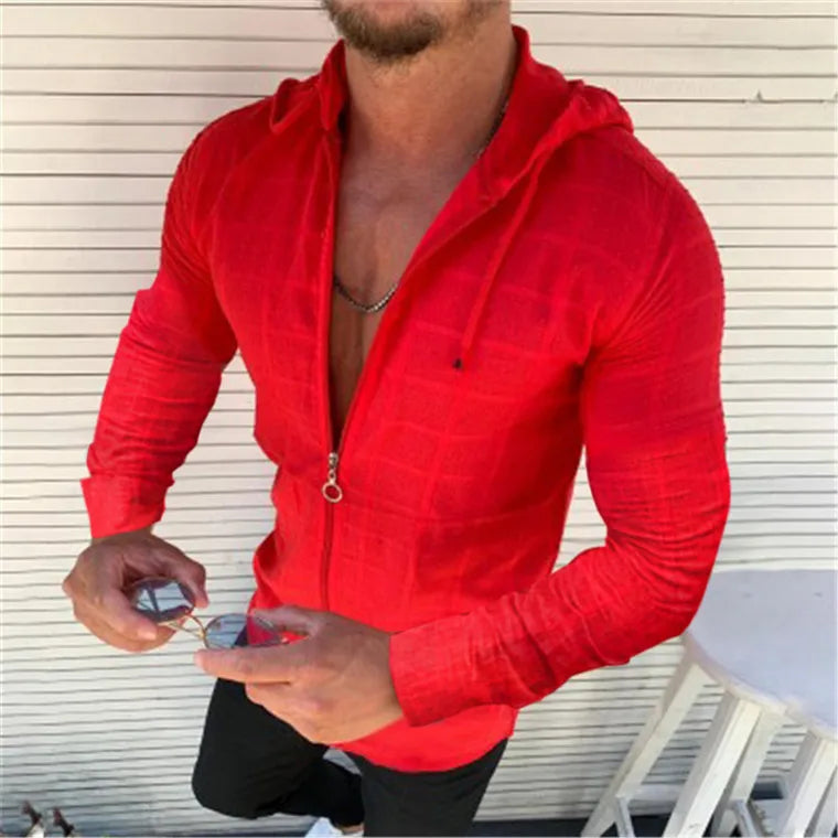 Mens Hooded Zip Tee Shirt With Plaid Print Casual Top