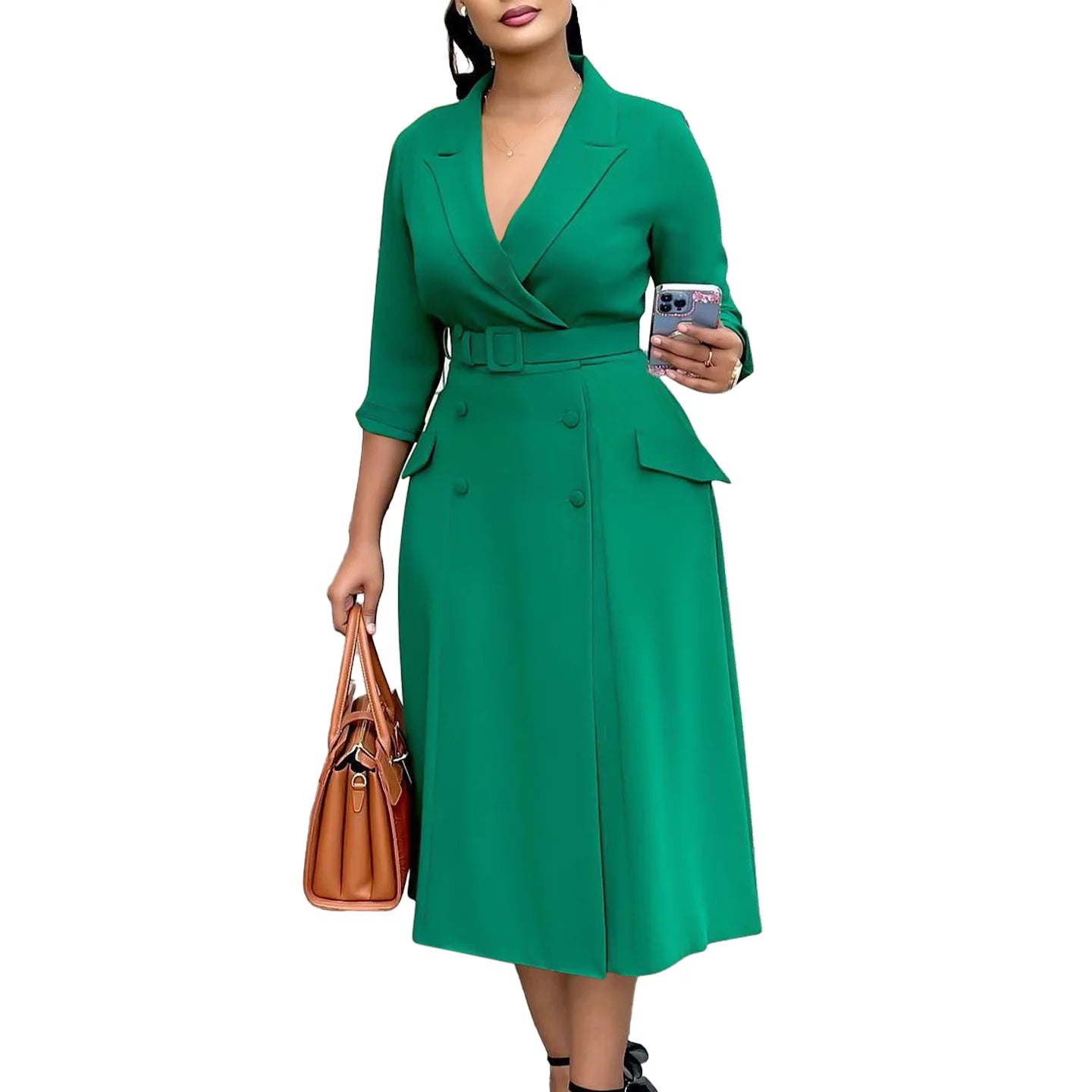 CM.YAYA Women Notched Neck Elegant Full Sleeve Midi Dress 2024 Fall  OL Work Belt Streetwear Africa Party Club Dresses Vestidos