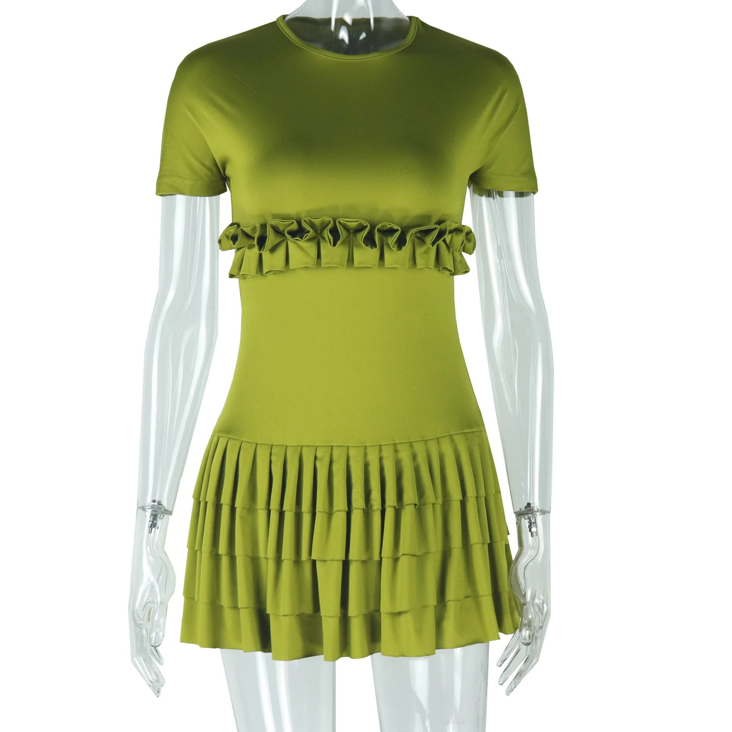 CM.YAYA Women Short Sleeve O-neck Ruffles Ruched Mini Dress 2025 Summer Sweet Girl Stacked Party Evening Night Club Chic Dresses