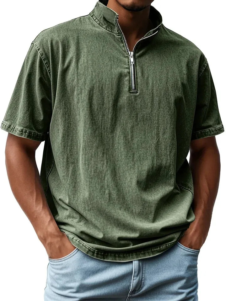 2025 Europe Fashion Zipper Fly Tops Men Short Sleeve Board T-shirt Solid Khaki Basic Vest Mens Casual Beach Shirts Pullovers New