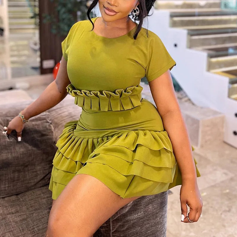 CM.YAYA Women Short Sleeve O-neck Ruffles Ruched Mini Dress 2025 Summer Sweet Girl Stacked Party Evening Night Club Chic Dresses