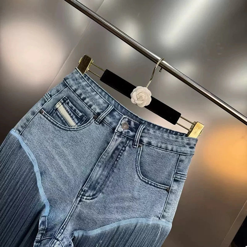 DEAT 2025 Summer Fashion Niche Tassel Patchwork Heavy Industry Denim Shorts For Women High Waist Versatile Short Pants 11A04880