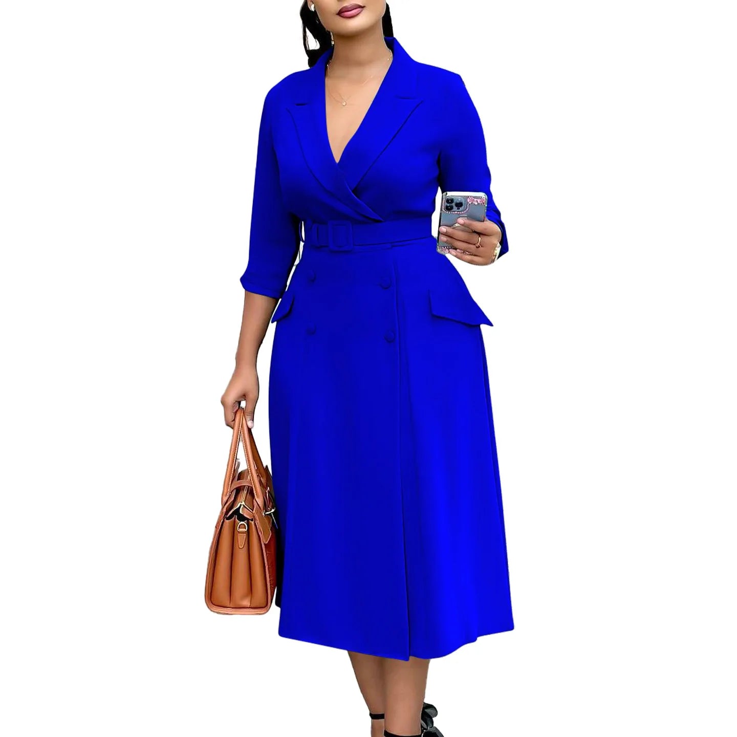 CM.YAYA Women Notched Neck Elegant Full Sleeve Midi Dress 2024 Fall  OL Work Belt Streetwear Africa Party Club Dresses Vestidos