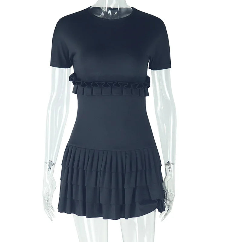 CM.YAYA Women Short Sleeve O-neck Ruffles Ruched Mini Dress 2025 Summer Sweet Girl Stacked Party Evening Night Club Chic Dresses