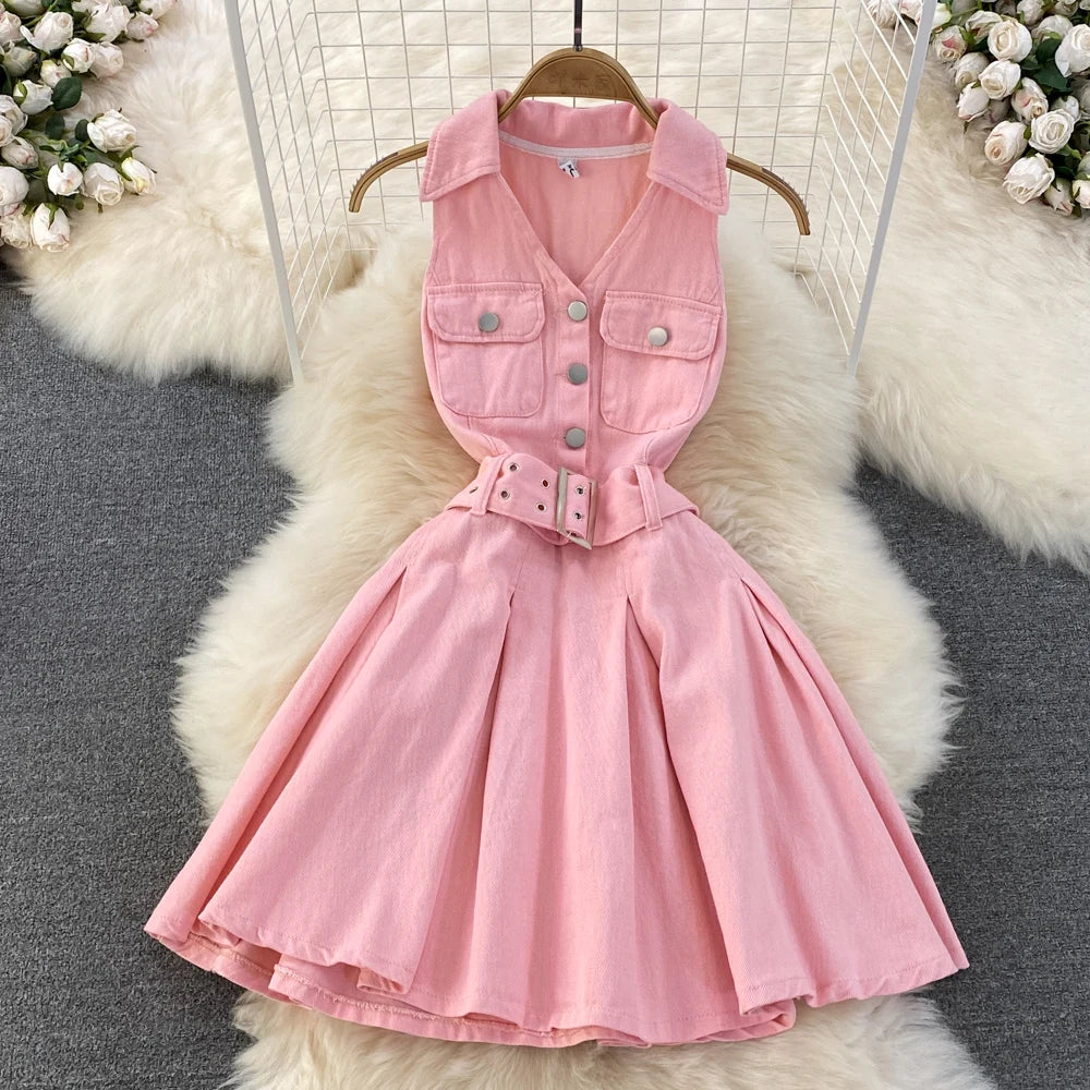 Youth Women Denim Dress Design V-Neck Slim Waist Short Peng Peng Pleated Jeans Dress With Belt Outfits For Girls