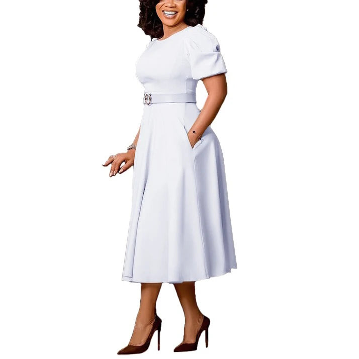 Elegant African Dresses For Women O Neck Short Sleeve Belt Waisted Pleated Mid Calf Fashion Female Birthday Party Dinner Dress
