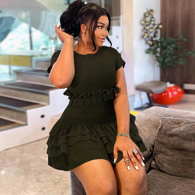 CM.YAYA Women Short Sleeve O-neck Ruffles Ruched Mini Dress 2025 Summer Sweet Girl Stacked Party Evening Night Club Chic Dresses