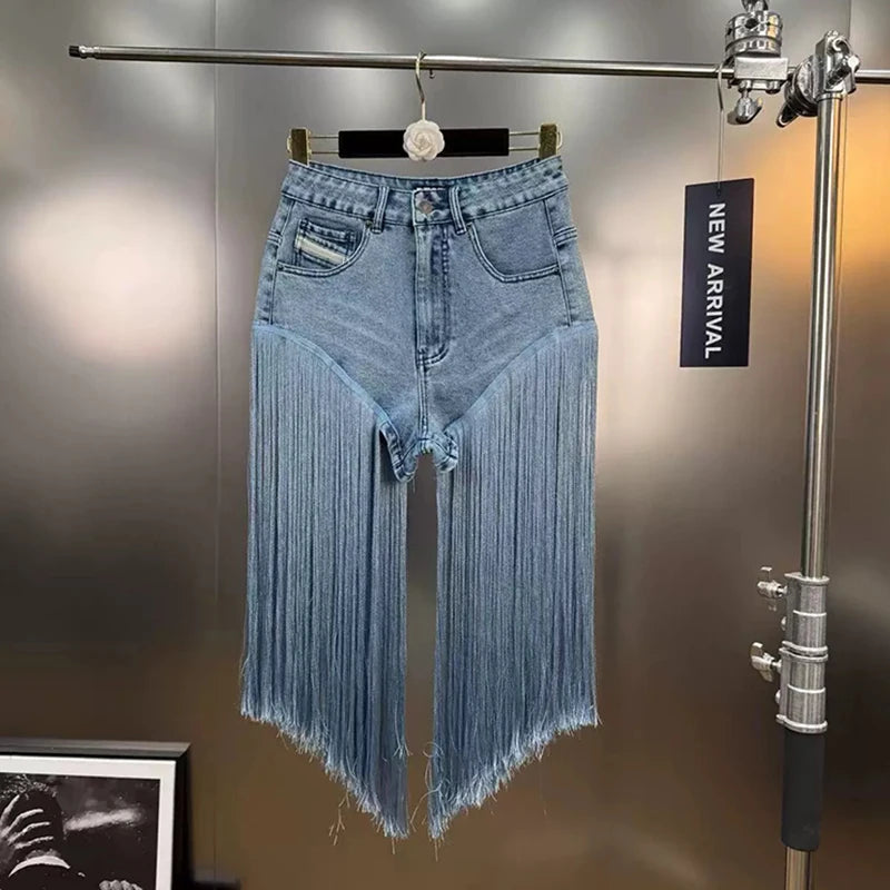DEAT 2025 Summer Fashion Niche Tassel Patchwork Heavy Industry Denim Shorts For Women High Waist Versatile Short Pants 11A04880