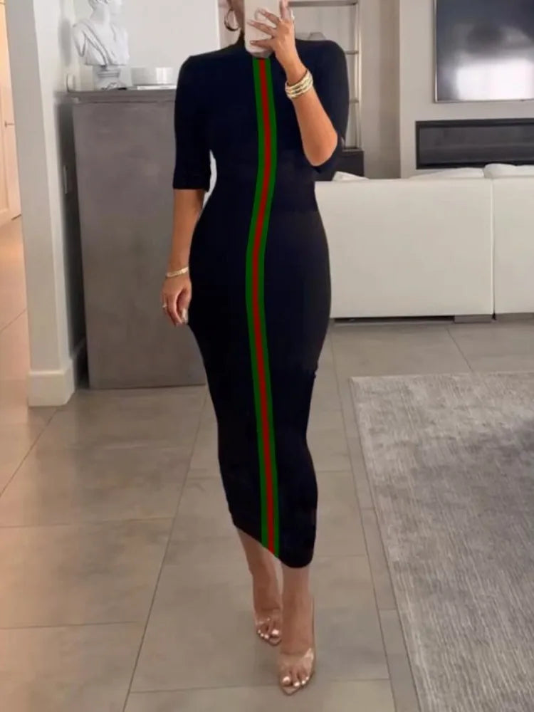 Freeacy 2025 Women's Contrast Color Striped Bodycon Dress Roun Neck Half Sleeves Slim Evening Dresses Wedding Guest Gowns