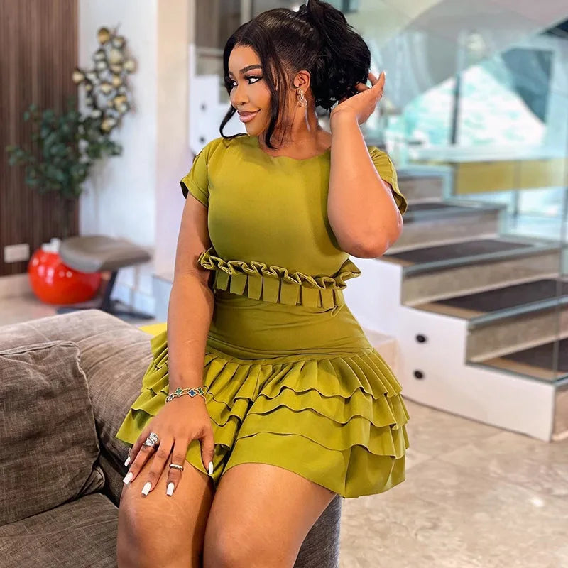 CM.YAYA Women Short Sleeve O-neck Ruffles Ruched Mini Dress 2025 Summer Sweet Girl Stacked Party Evening Night Club Chic Dresses