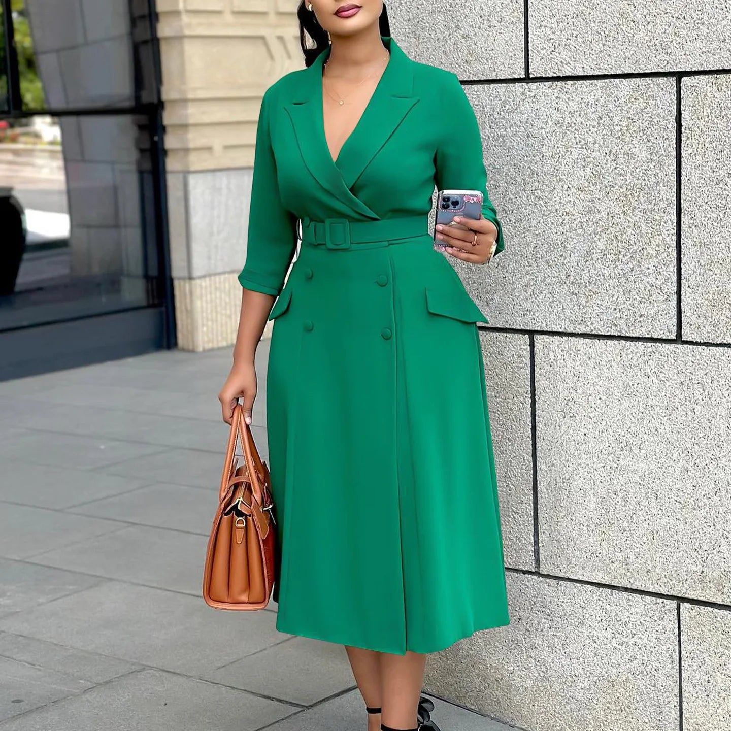 CM.YAYA Women Notched Neck Elegant Full Sleeve Midi Dress 2024 Fall  OL Work Belt Streetwear Africa Party Club Dresses Vestidos
