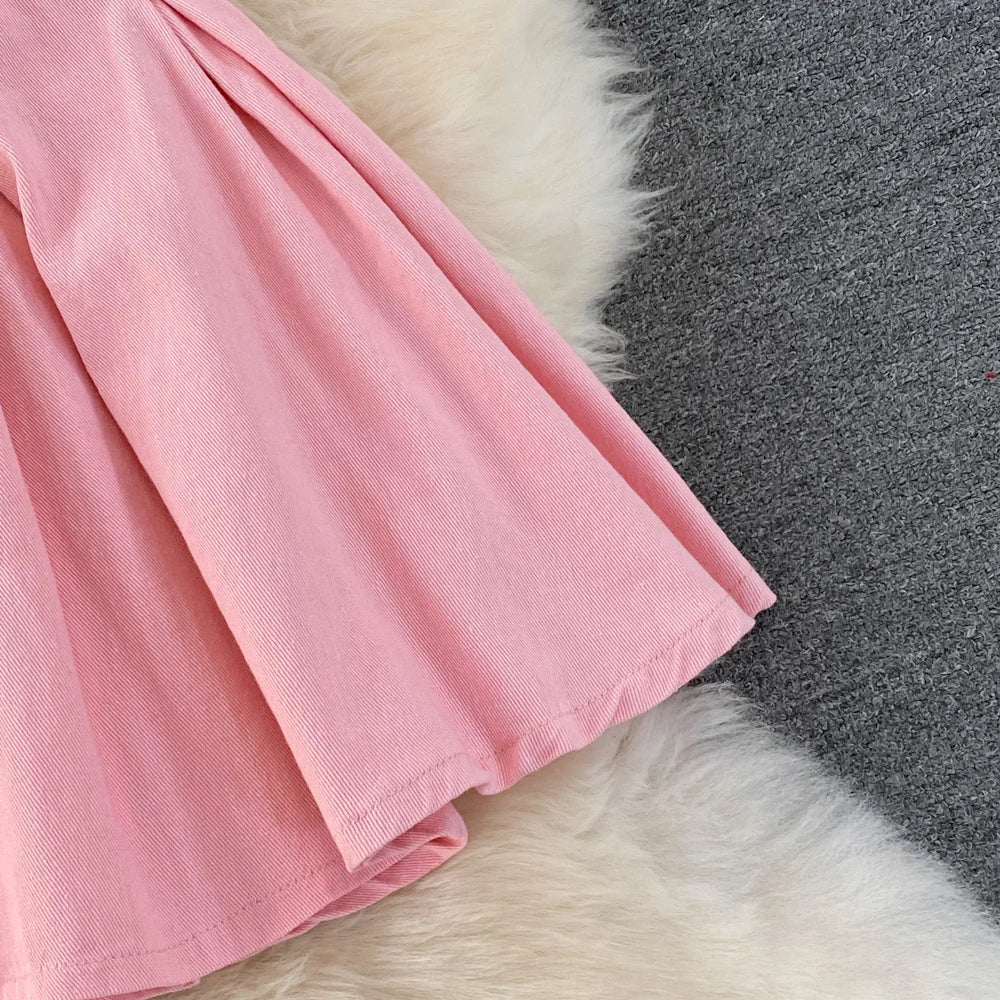 Youth Women Denim Dress Design V-Neck Slim Waist Short Peng Peng Pleated Jeans Dress With Belt Outfits For Girls