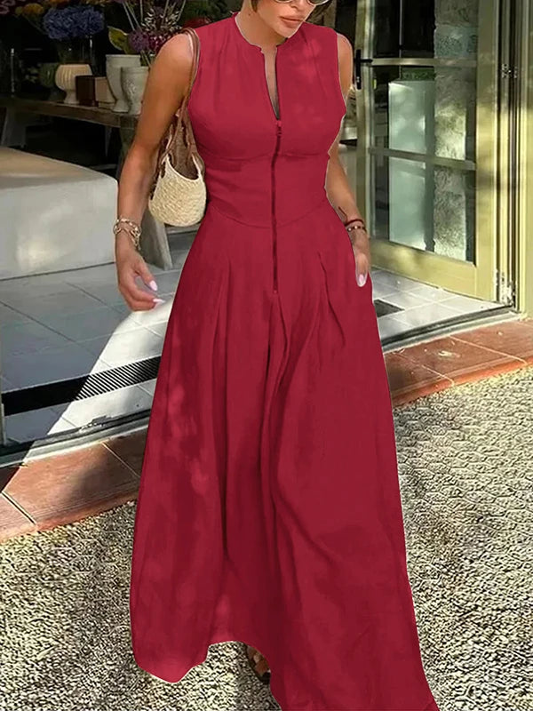 UOOZEE Office Lady Commute Pleated A-line Dress 2025 New Summer Fashion Solid Color Sleeveless Zipper Evening Maxi Dresses