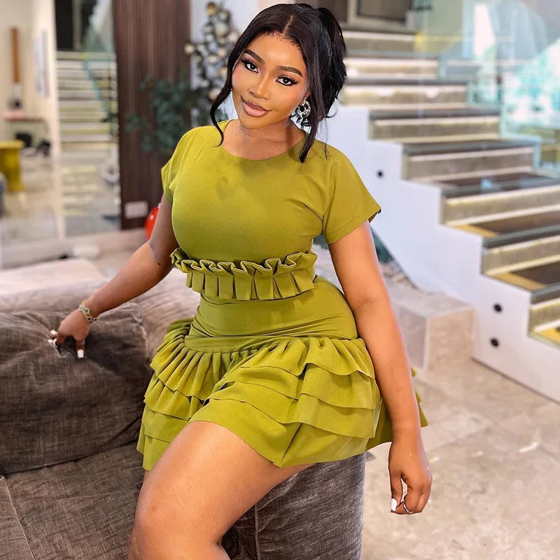 CM.YAYA Women Short Sleeve O-neck Ruffles Ruched Mini Dress 2025 Summer Sweet Girl Stacked Party Evening Night Club Chic Dresses