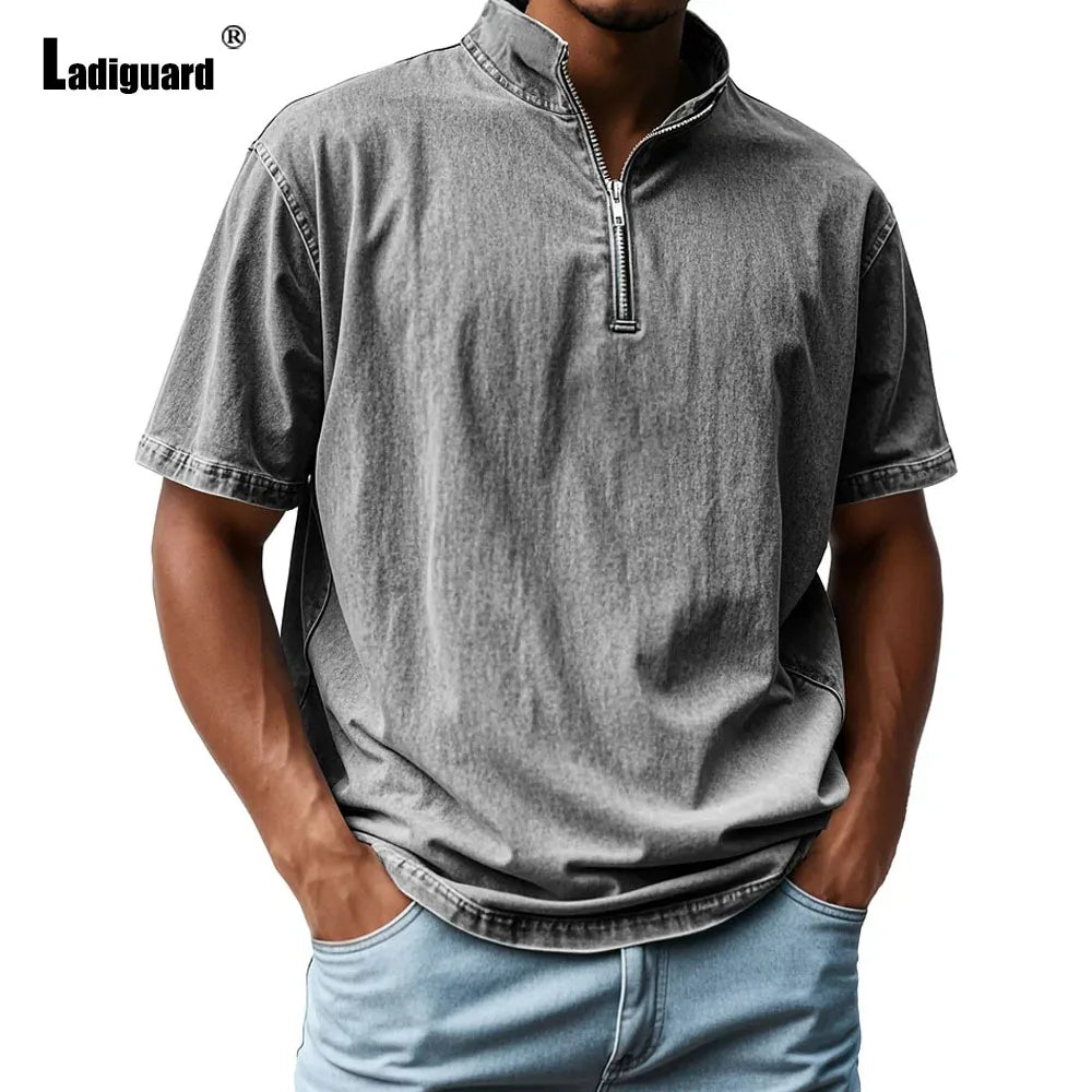 2025 Europe Fashion Zipper Fly Tops Men Short Sleeve Board T-shirt Solid Khaki Basic Vest Mens Casual Beach Shirts Pullovers New